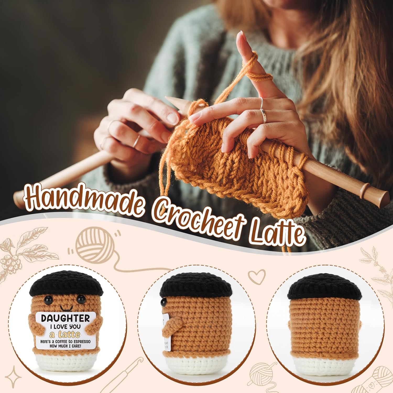 Birthday Crochet Coffee Gift for Daughter, Crochet Latte Birthday Present from Mom Dad, Handmade Espresso Coffee Decor for Adult Daughter Office and Home Display image 3