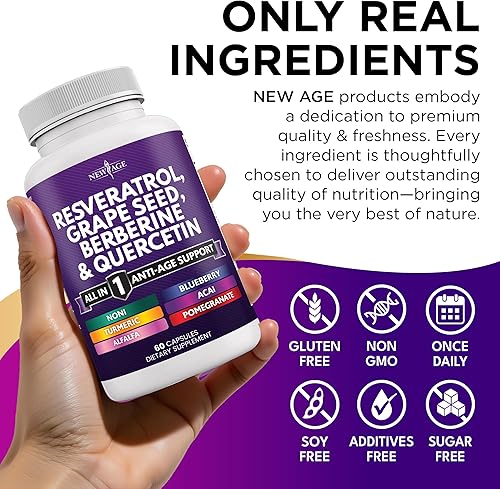 Miniatura 6 de NEW AGE Resveratrol, berberina, extracto de semilla de uva, quercetina, suplemento de polifenol para mujeres y hombres con extracto de noni,