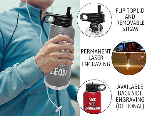 Miniatura 45 de Botellas de agua personalizadas con tapa abatible y pajilla, termo deportivo personalizado de acero inoxidable grabado, monograma personalizado