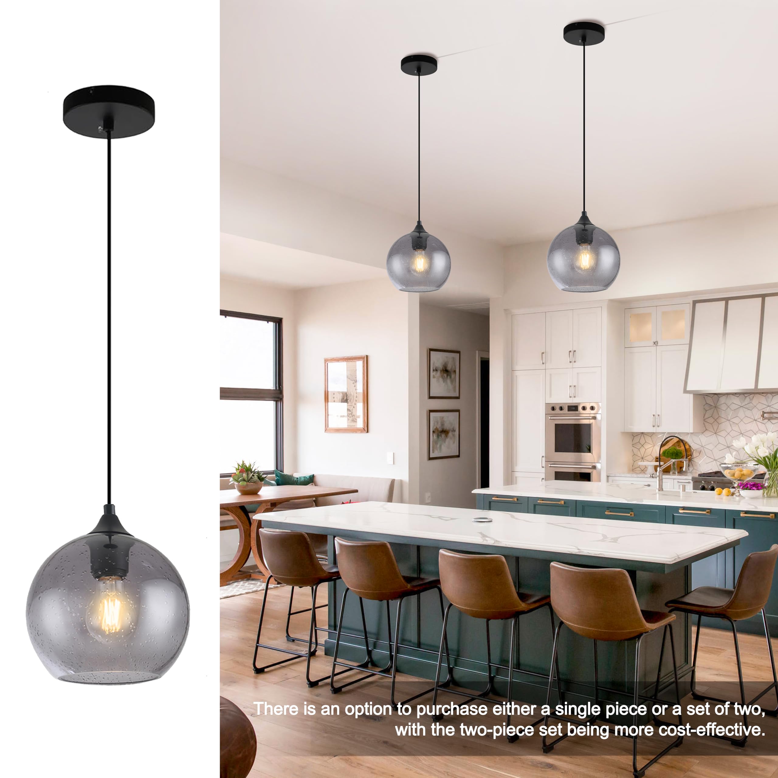 GLAMIGHT Luminaires Suspendus En Verre Gris Pour îlot De Cuisine, Luminaires Suspendus Modernes Pour îlot De Cuisine, Chambre à Coucher, Salon, Salle à Manger - 25 Cm