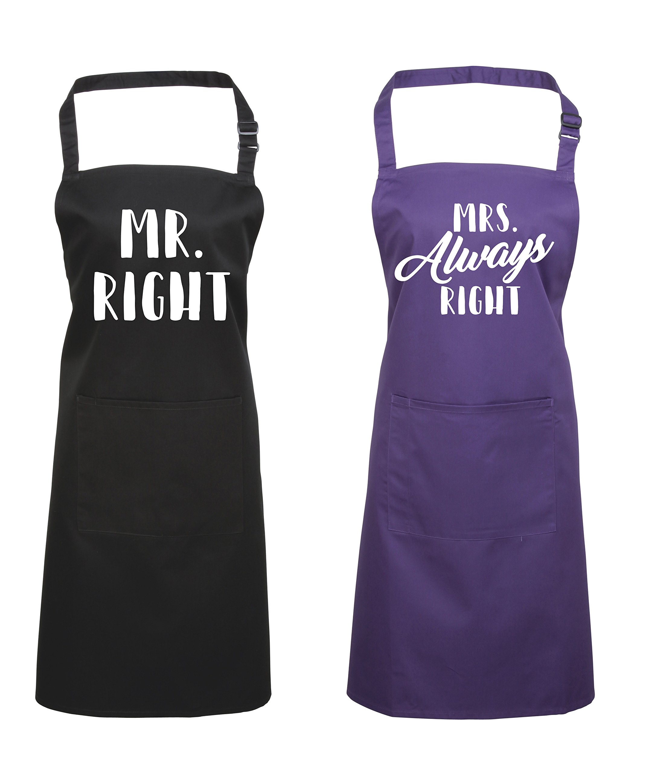 Edward Sinclair | Mr. Right & Mrs. Always Right | Apron Set | Black -MR | Purple-MRS | White Print