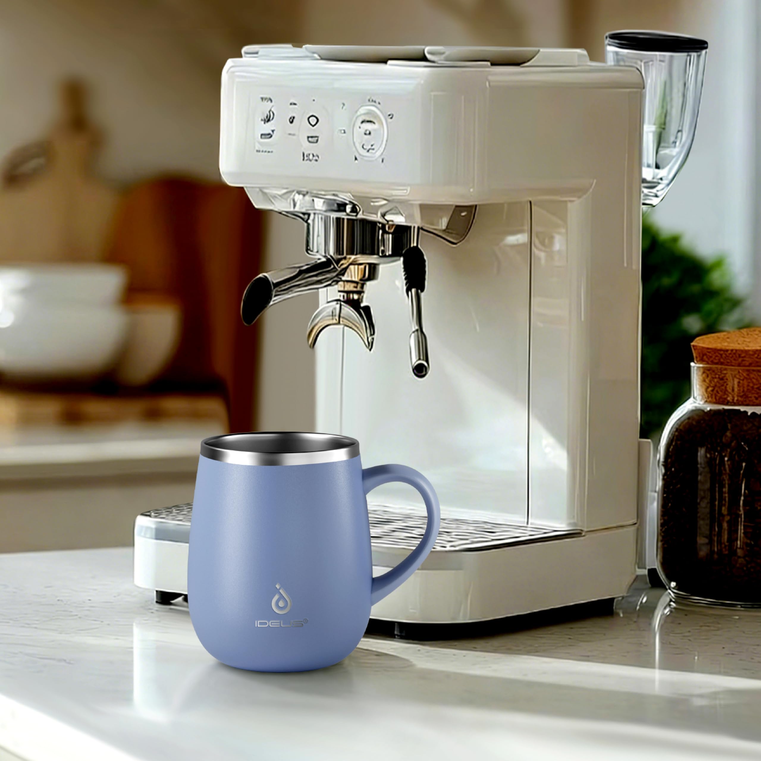 Ideus Isolierter Kaffeebecher mit Griff und Deckel, doppelwandiger Edelstahl-Vakuum-Thermo-Kaffeebecher, Reise-Kaffeetasse, Thermobecher für Zuhause und Büro, Ozeanblau 2.0, 473 ml