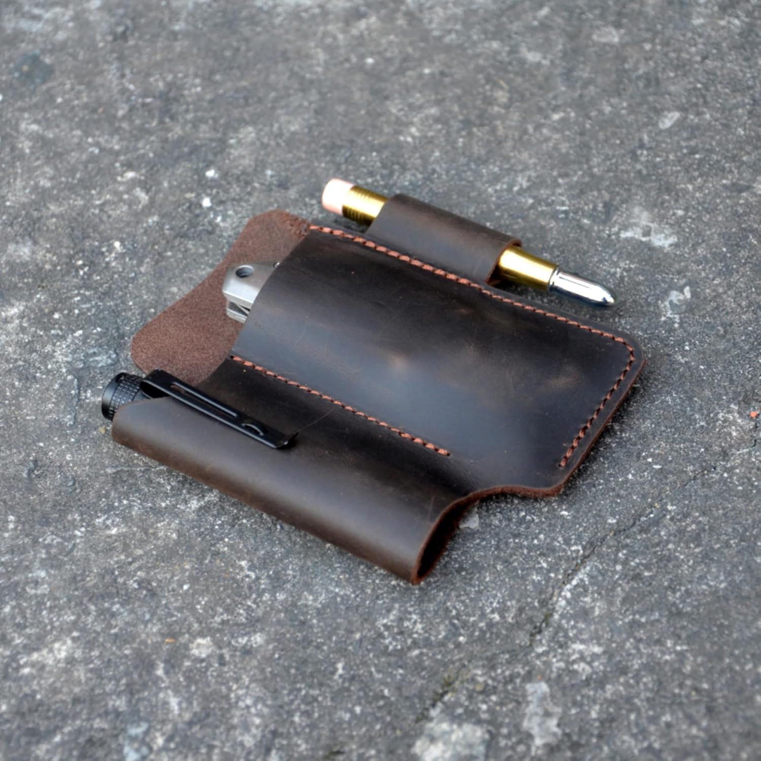 Genuine Leather Multitool Sheath Organizer, Leather EDC Pouch for Men, Belt Holder Mini Leather Pocket, Flashlight Holder, Pen Holder, Sheath Holster Darkbrown - Image 6