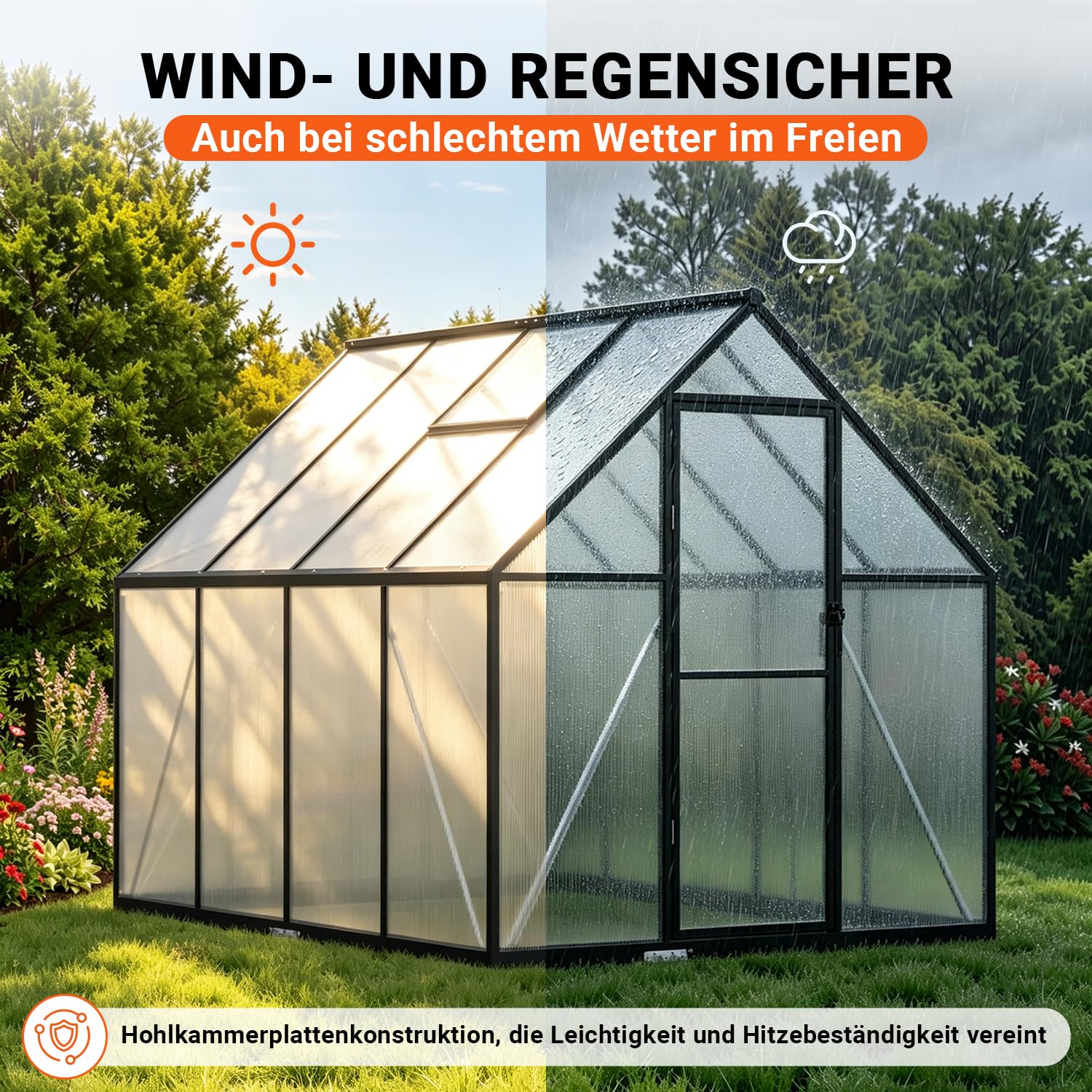 𝐉𝐚𝐱𝐠𝐮𝐨𝐦 Gewächshaus Aluminium 224 x 170 x 195 cm, 4 mm Polycarbonat-Hohlkammerplatten,mit Bodenrahmen & Dachfenster,Wetterbeständiges Tomatenhaus Treibhaus für Garten
