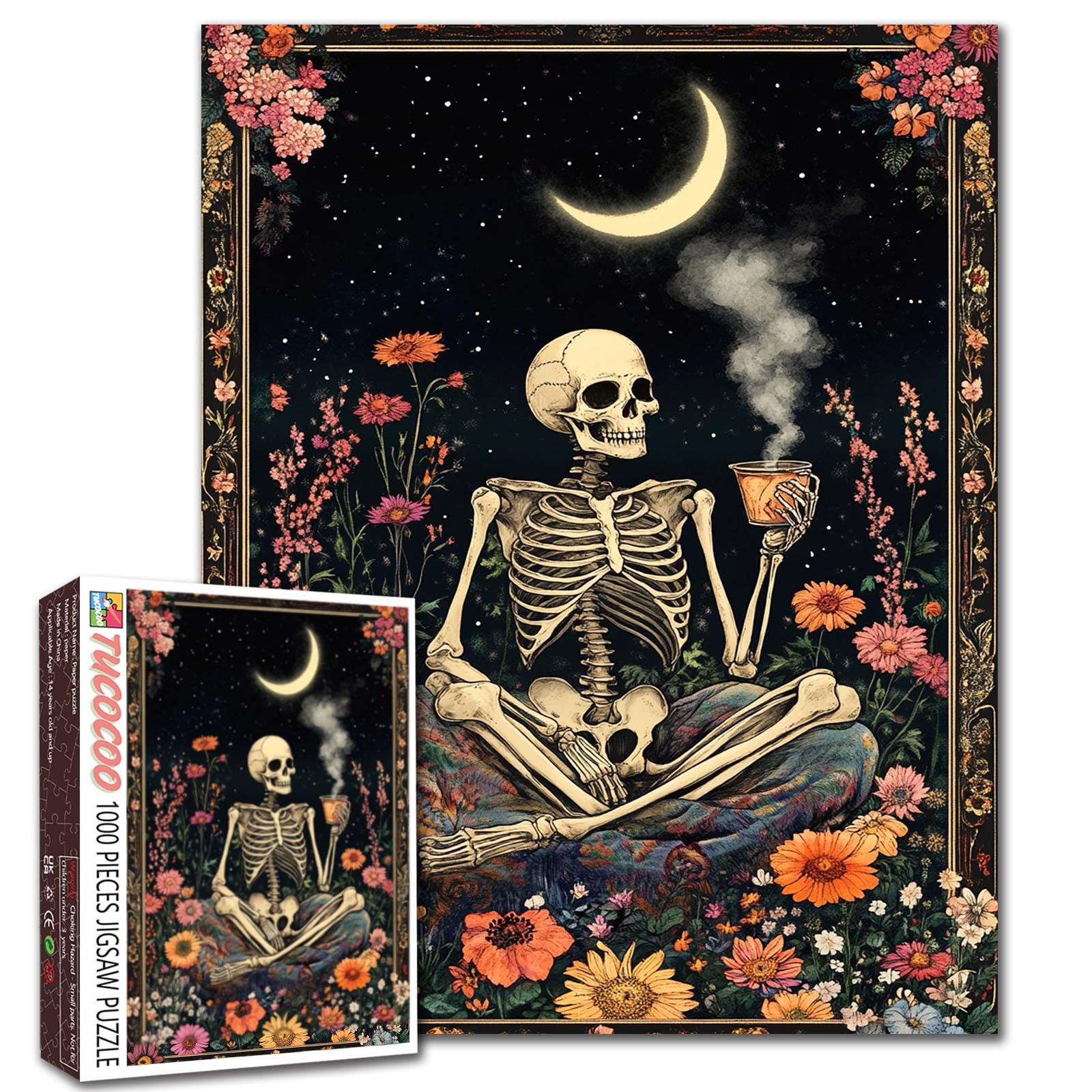 Tucocoo Human Skeleton Jigsaw Puzzles for Adults 1000 Pieces, Whimsical Skull Flowers Boho Art Puzzle Colorful DIY Craft Puzzles for Home Decoration Gifts, Family Puzzle Perfect for Game Nights