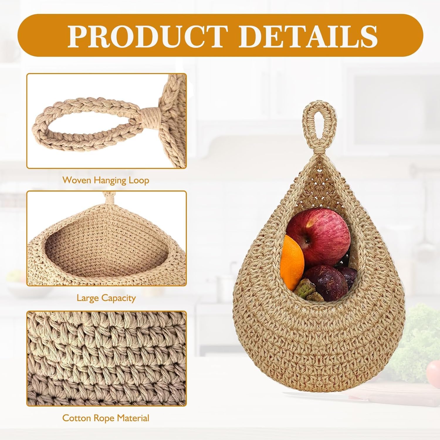 Lot de 4 corbeilles à fruits à suspendre au mur pour fruits et légumes, corde de jute tissée, support de rangement mural à suspendre sur la porte, organiseur avec 8 crochets pour cuisine, chambre à
