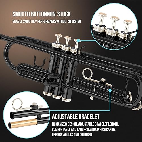 Miniatura 6 de Soulmate Bb - Juego de trompeta estándar para principiantes, instrumento de trompeta estudiantil de latón con estuche rígido de transporte, kit de