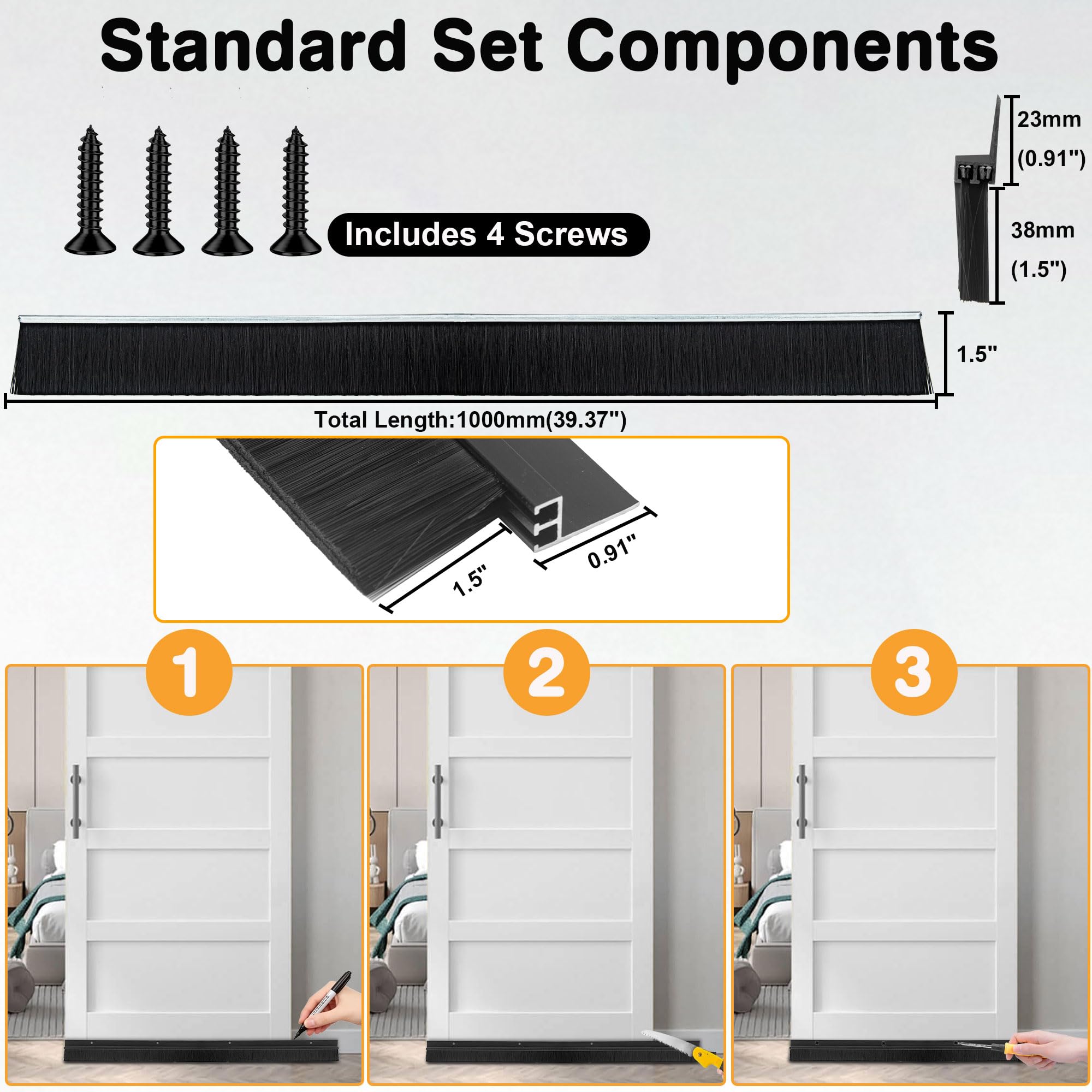 Confezione da 3 guarnizioni a spazzola a doppio strato, 100 cm di lunghezza x 3,8 cm di larghezza, base in alluminio resistente, per porte esterne/interne e arrotolabili del garage (doppio