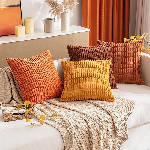 Miniatura 8 de MIULEE Paquete de 2 fundas de almohada decorativas color naranja de 16 x 16 pulgadas, fundas de almohada de pana a rayas bohemias modernas para