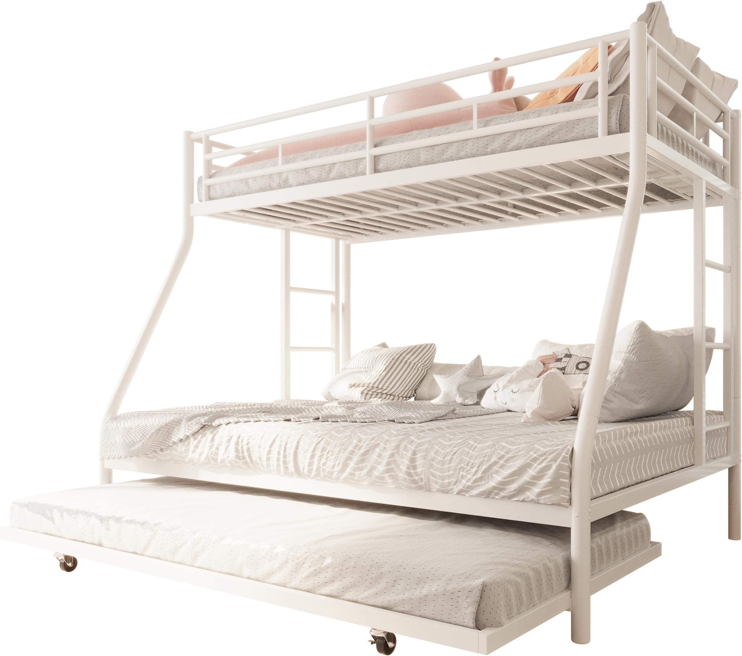 SUNLEI Metal Loft Bed with 2 Secured Ladders, Bunk Bed Twin Over Full with Trundle, Trundle Beds Twin Safety Guard, Noise Free for Small Bedroom (Twin Over Full, Bright)