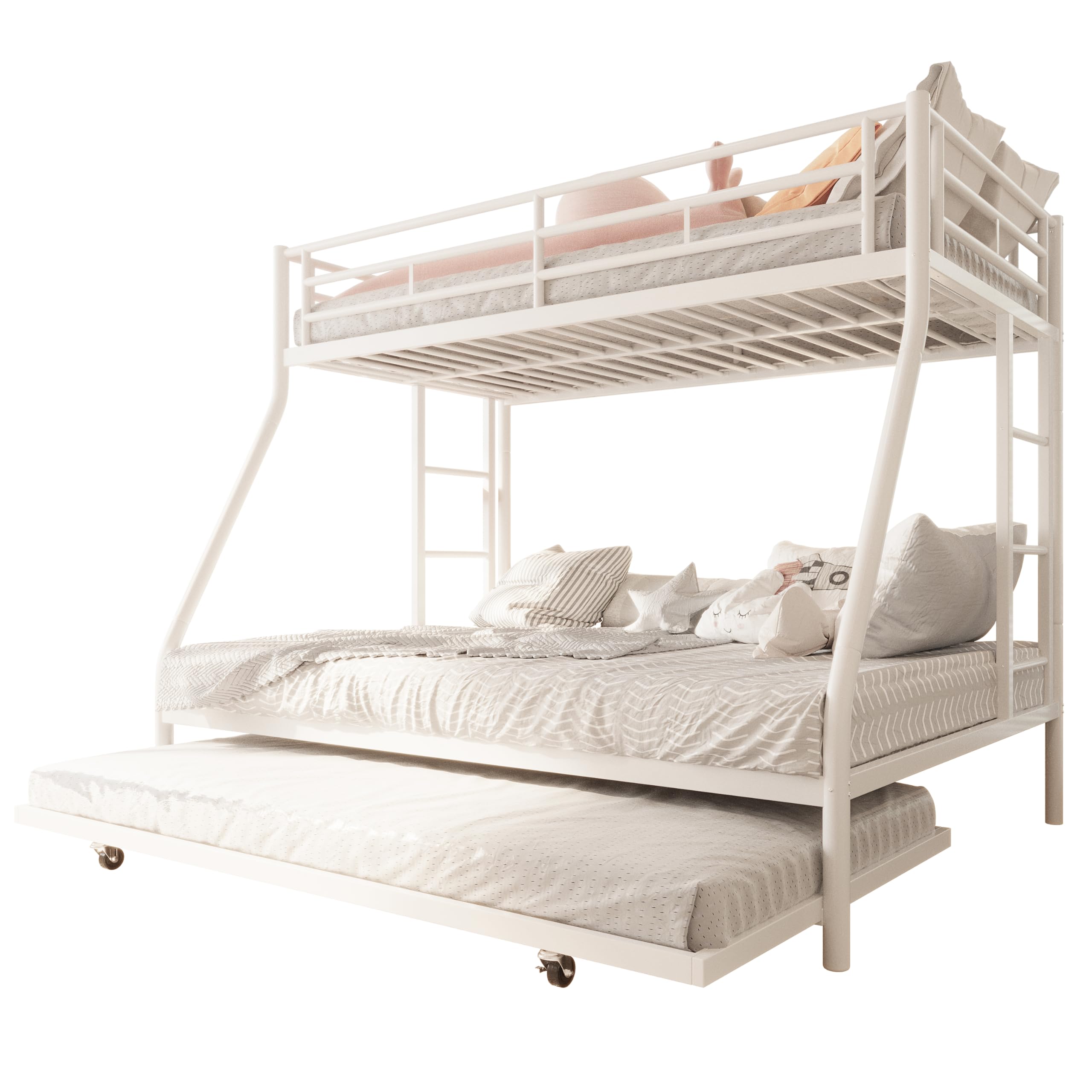 SUNLEI Metal Loft Bed with 2 Secured Ladders, Bunk Bed Twin Over Full with Trundle, Trundle Beds Twin Safety Guard, Noise Free for Small Bedroom (Twin Over Full, Bright)