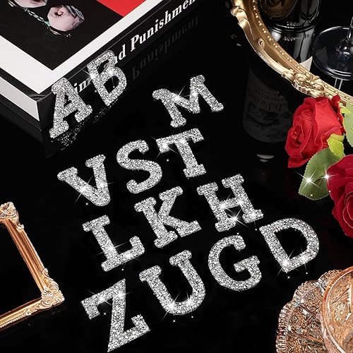 Miniatura 2 de Tigeen 52 calcomanías de letras con purpurina de diamantes de imitación de la A a la Z, calcomanías autoadhesivas para planchar para ropa,