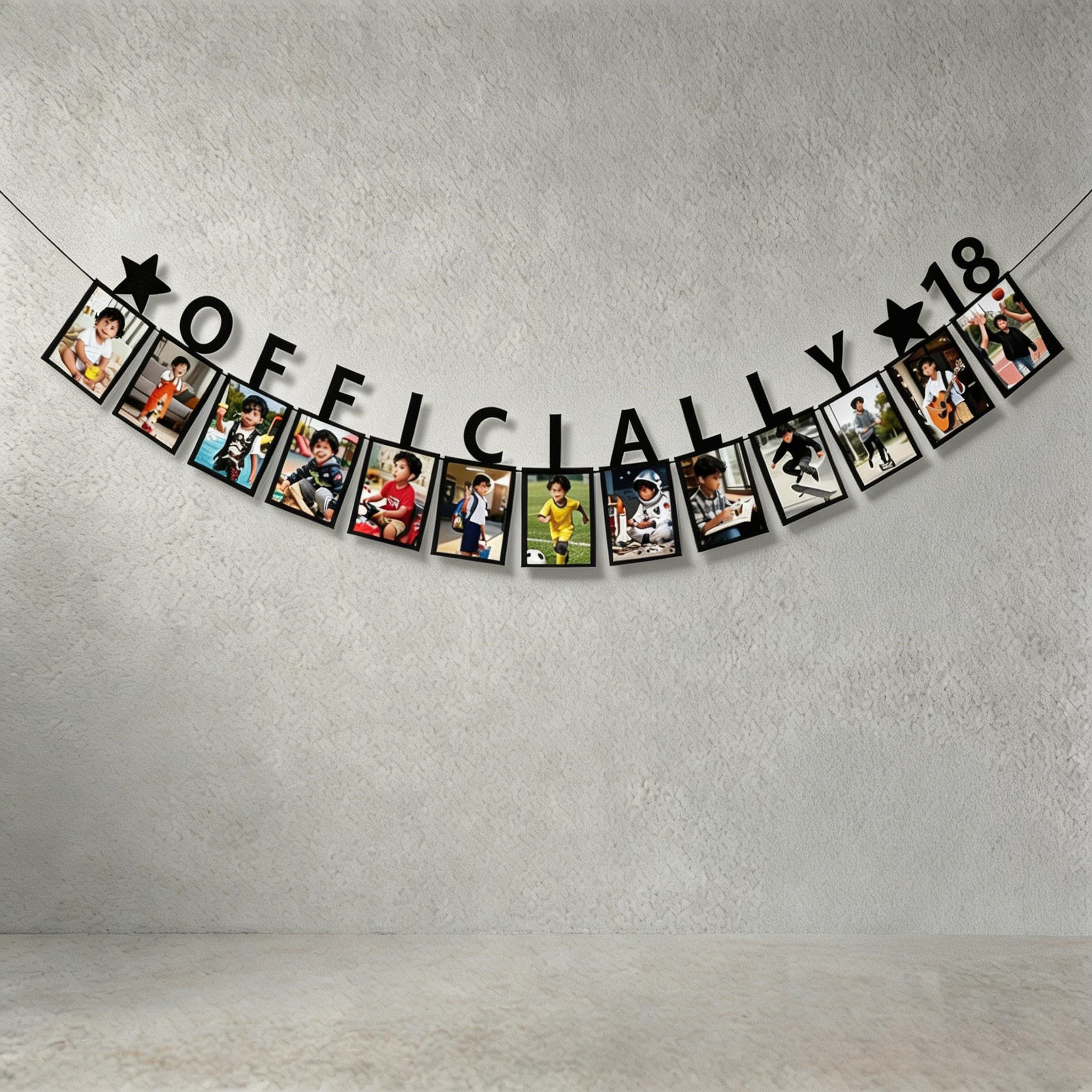 Birthday Banner Photo Banner - Officially 18 Black Glitter Birthday Banner with 13 Photo Cards for 18th Birthday Party Decorations