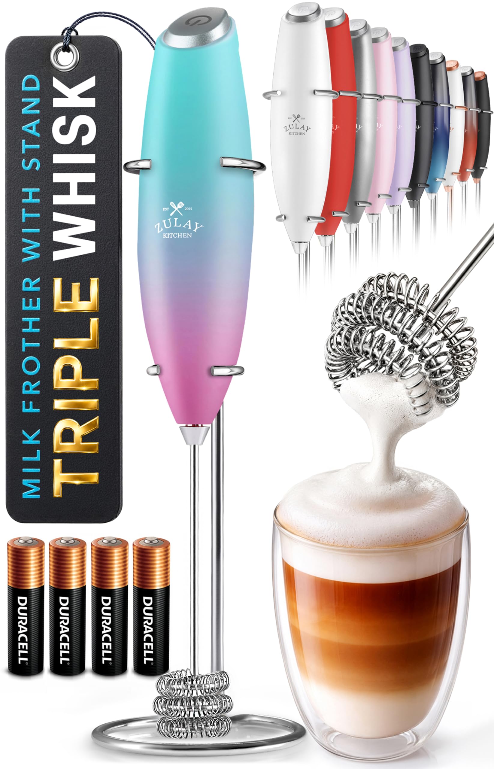 Zulay Kitchen Powerful Milk Frother Wand With Duracell Batteries - Ultra Fast Handheld Drink Mixer - Electric Whisk Foam Maker for Coffee, Lattes, Cappuccino &amp; Matcha - Triple Whisk - Pink Rose