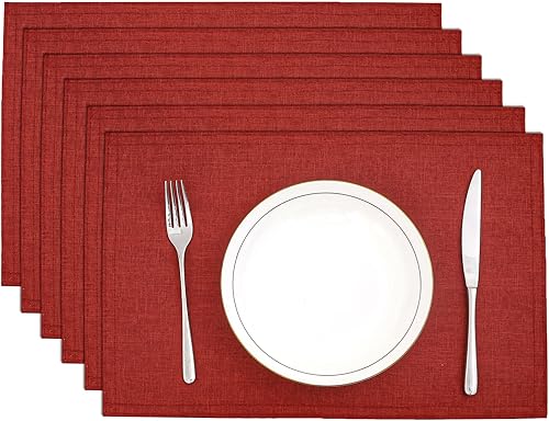 SHACOS Juego de 6 manteles individuales rojos, lavables a máquina, resistentes al calor, antideslizantes, de doble capa, de lino sintético, manteles
