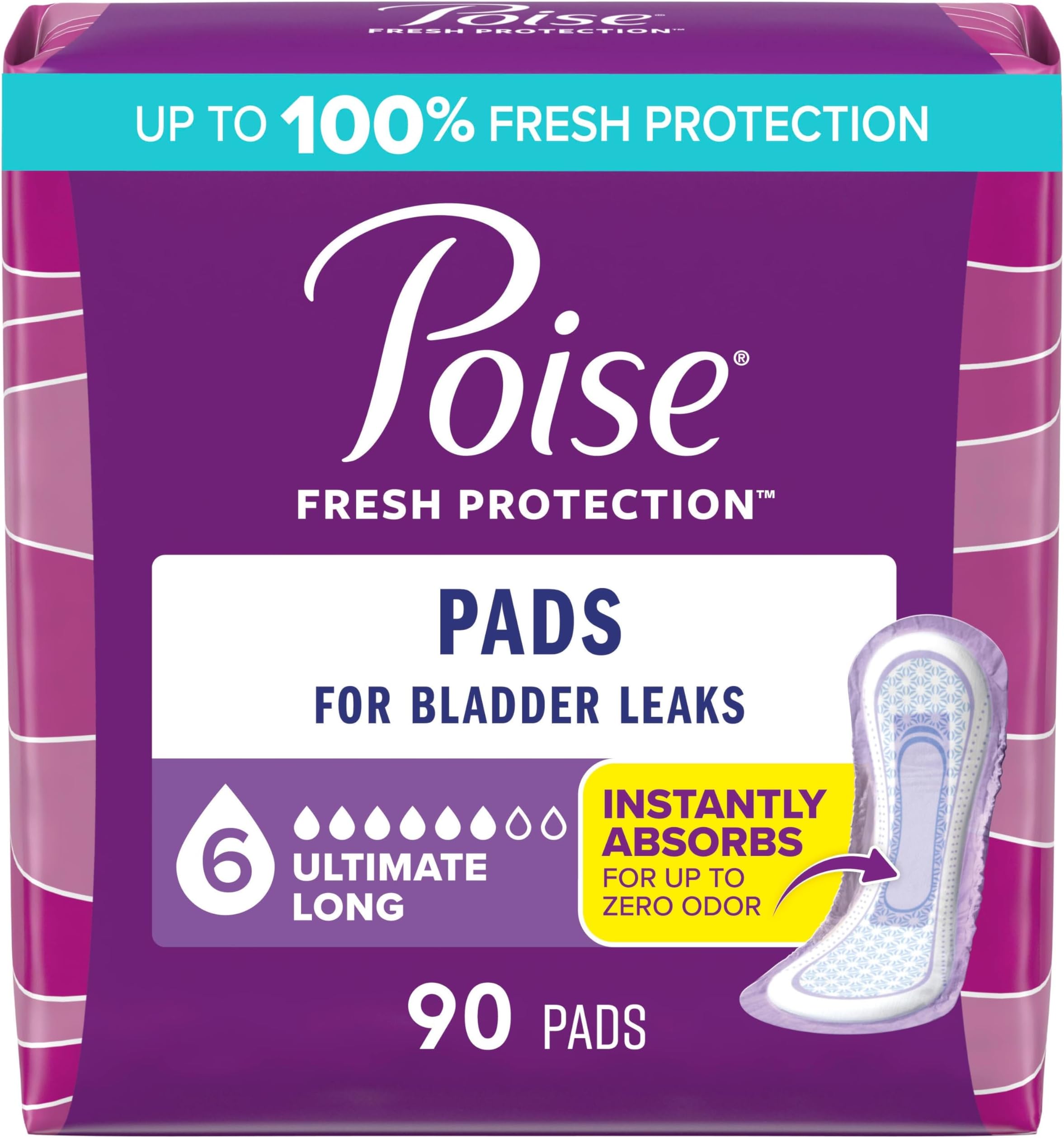 Poise Incontinence Pads, Original Design, Ultimate Absorbency, Long, 90 Count (2 Packs of 45)