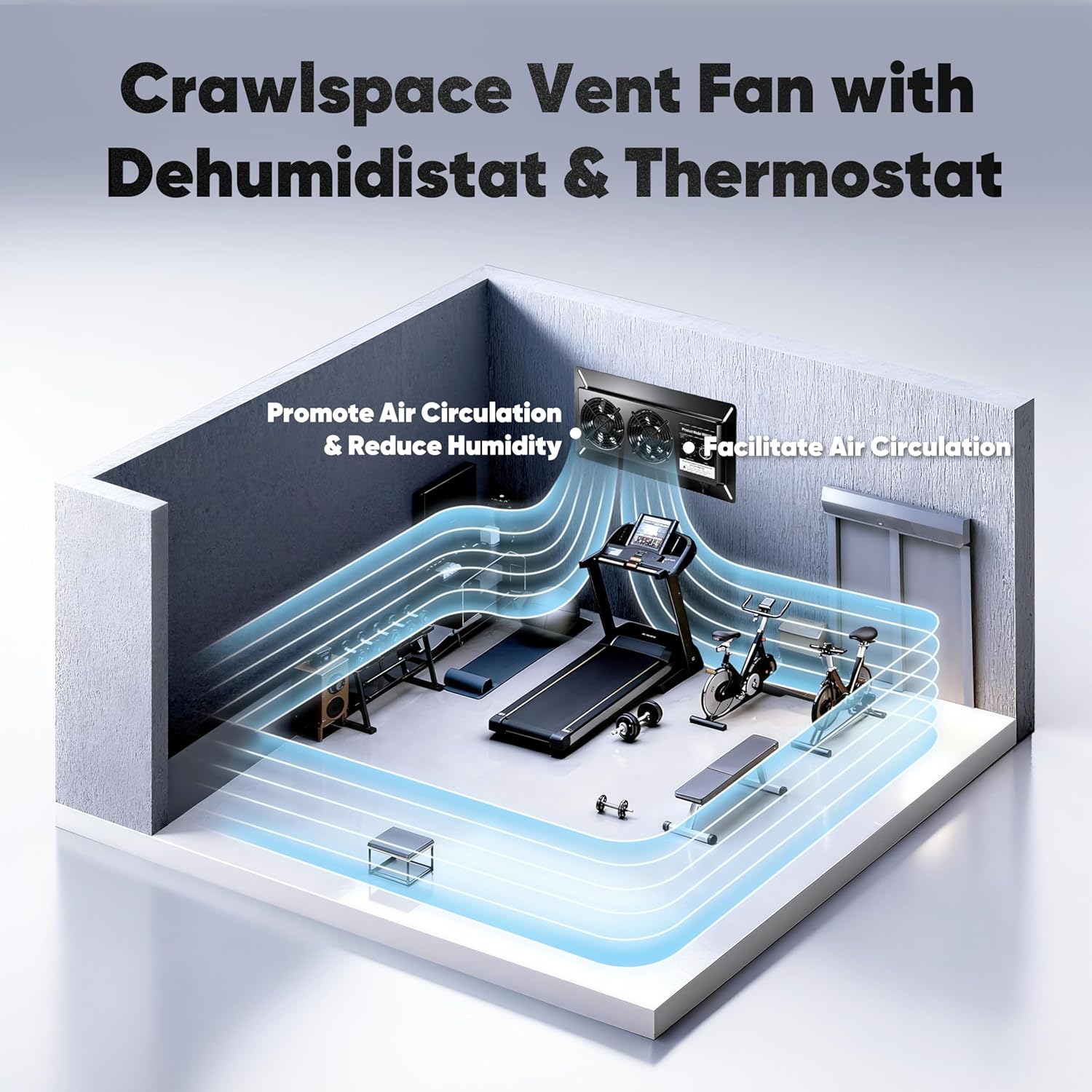 220 CFM Crawl Space Vent Fan with Dehumidistat & Thermostat, Dual Knobs for Speed & Humidity Control, 3000 RPM, Reduces Indoor Radon, Humidity & Odors, High-Efficiency Ventilation