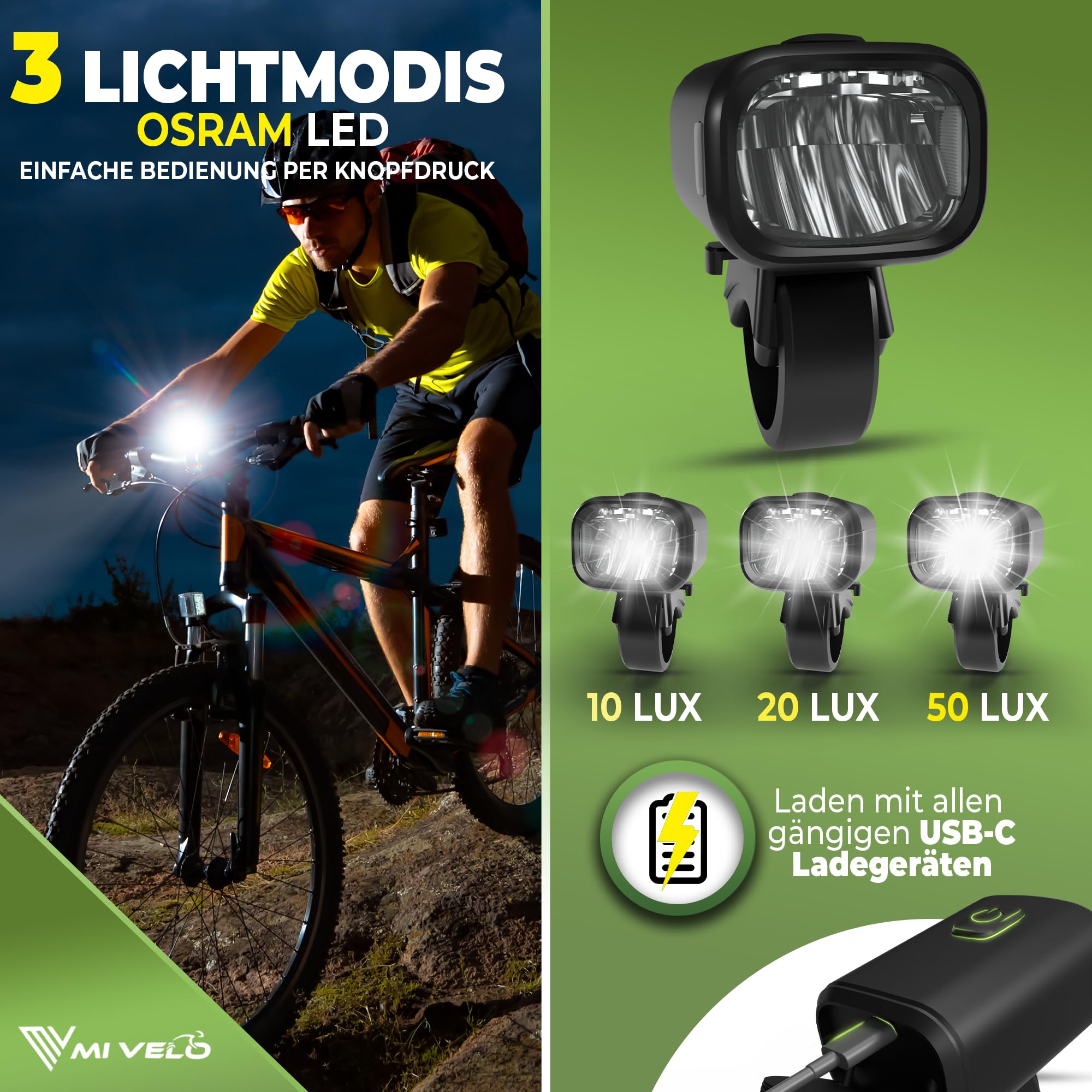 MIVELO Fahrradlicht Set mit Power-Akku, StVZO zugelassene Fahrradbeleuchtung USB aufladbar & wasserdicht, Fahrradlampe vorne & Fahrrad Rücklicht, Energieklasse A+++