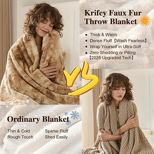 Miniatura 4 de Krifey - Manta de pelo sintético, gran tamaño, supersuave, acogedora, mullida, lujosa, afelpada, decorativa, para mujer, beige marmolizado, 60 x 80