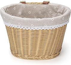 CXWXC Bicycle Basket - Front Bicycle Basket for Girls and Women - Handmade Woven Wicker Basket with Removable Inner Lining and Adjustable PU Straps