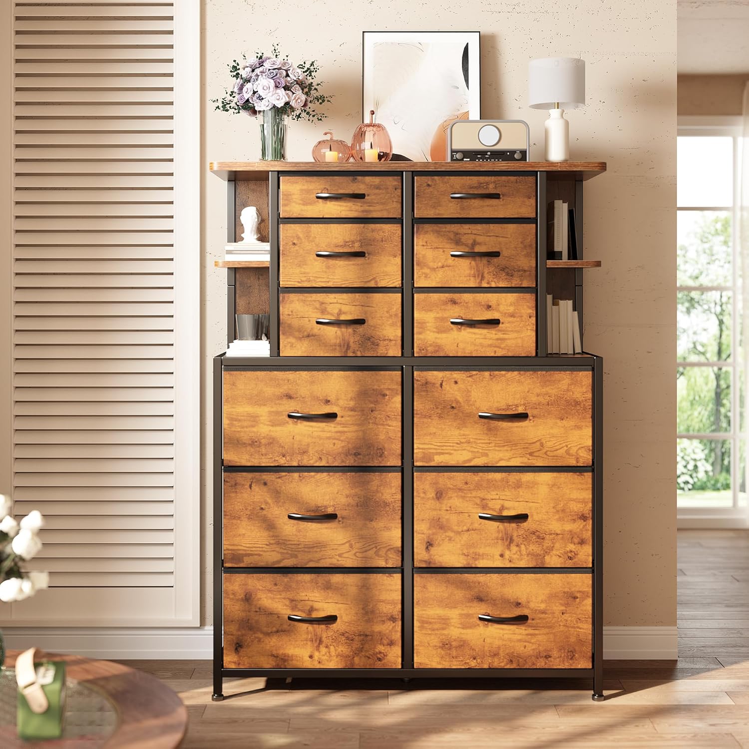 Dresser for Bedroom with 12 Drawers & LED Lights,4 Open Storage Shelves, Fabric Dressers & Chests of Drawers for Living Room, Entryway, Dorm, Wood Top,45.2" H x 35.4" W x 11.8" D, Rustic Brown