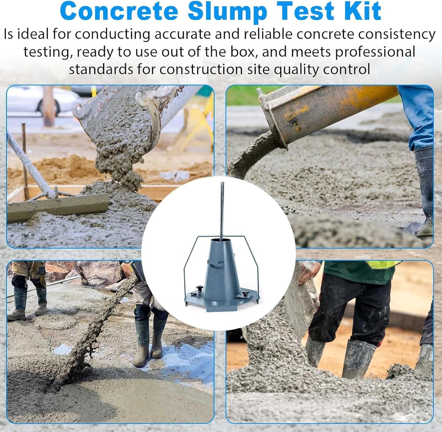 Kit per la Prova di consistenza del calcestruzzo con Cono, Attrezzatura Industriale in Acciaio per la Prova di consistenza del Cono con Asta di compattazione, Righello e Piastra di Base