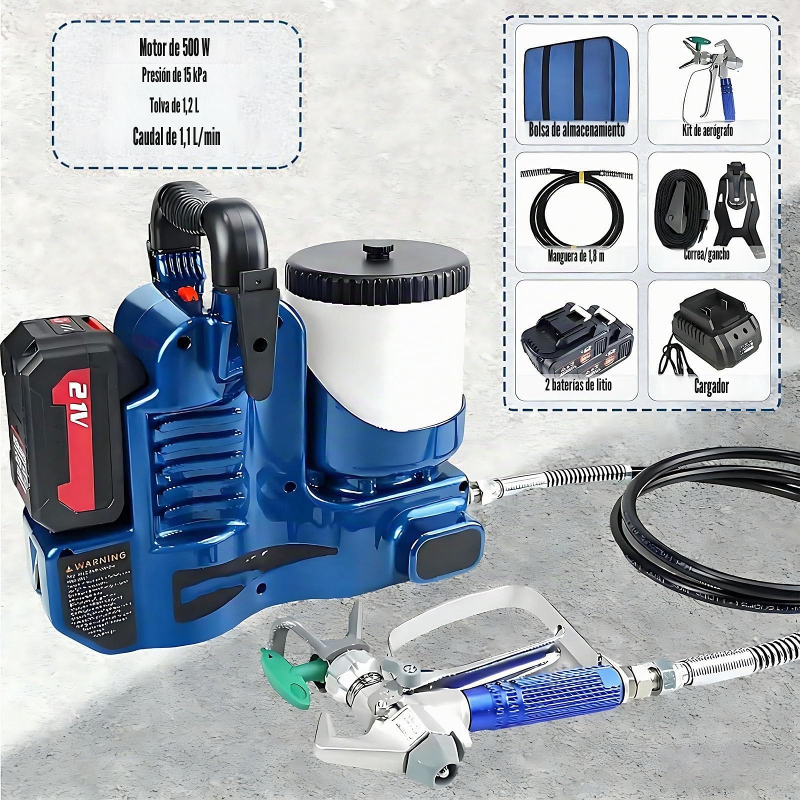Pulverizador de Pintura sin Aire - Pulverizador de Pintura inalámbrico de Alta presión, 15 MPa, baterías de Litio de 1200 mAh, caudal de 1,1 l/min, 6 velocidades, para Pintar Casas 2battery