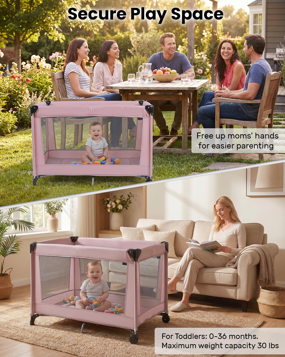 UBRAVOO Pack and Play with Bassinet, Portable Crib for Baby, Lightweight Foldable Travel Playard with Mattress & Carry Bag for Toddlers 1-3 (Pink)
