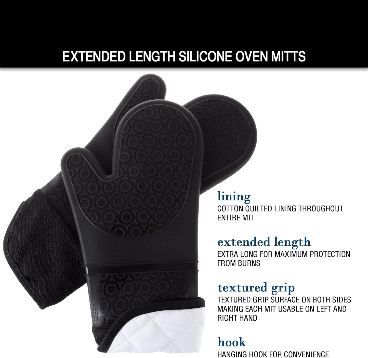 Silicone Oven Mitts – Extra Long Professional Quality Heat Resistant with Quilted Lining and 2-sided Textured Grip – 1 pair Black by Bedford Home