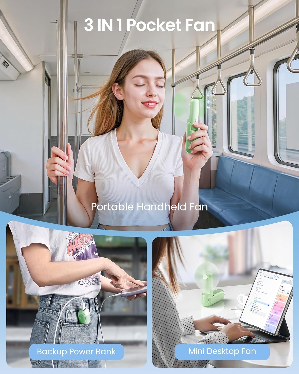 Three images showing the fan's 3-in-1 functionality: a woman holding it as a portable handheld fan, the fan charging a phone as a backup power bank, and the fan standing on a desk as a mini desktop fan.