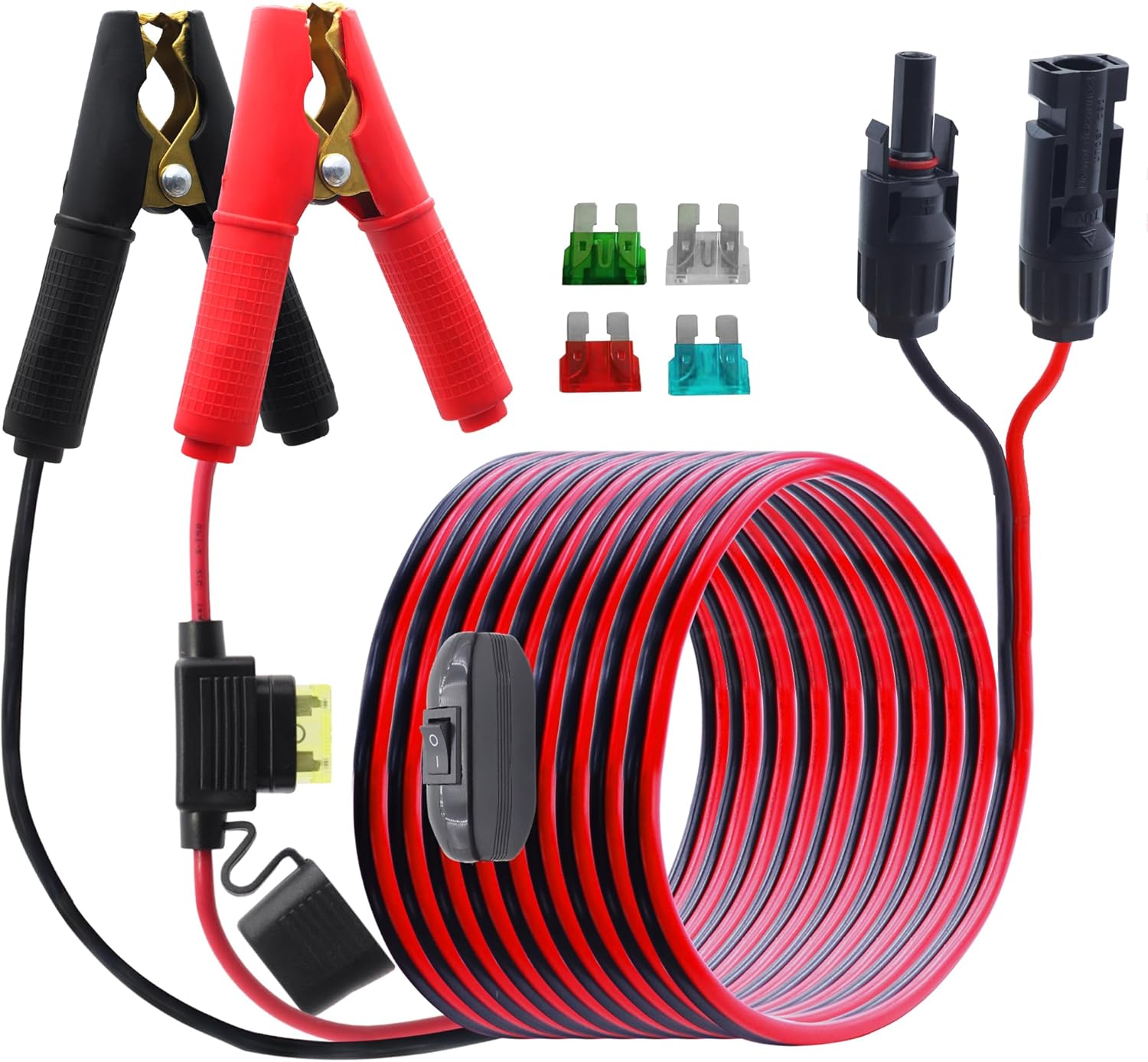 Battery Alligator Clip to Solar Panel Connector Cable with Switch and 20A Fuse,14AWG 12V-24V Battery Alligator Clips to Male & Female Solar Connectors Cable,for Car,Inverter,3M