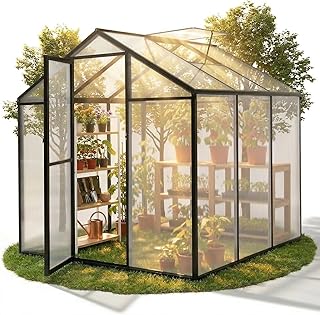Sekey Gewächshaus Aluminium Treibhaus für Garten & Pflanzen - Stabiles Tomatenhaus wetterfest & Winterfest, 4 mm Hohlkammerplatten, nach außen öffnende Tür mit verlängertem Griff, 185x185x195cm