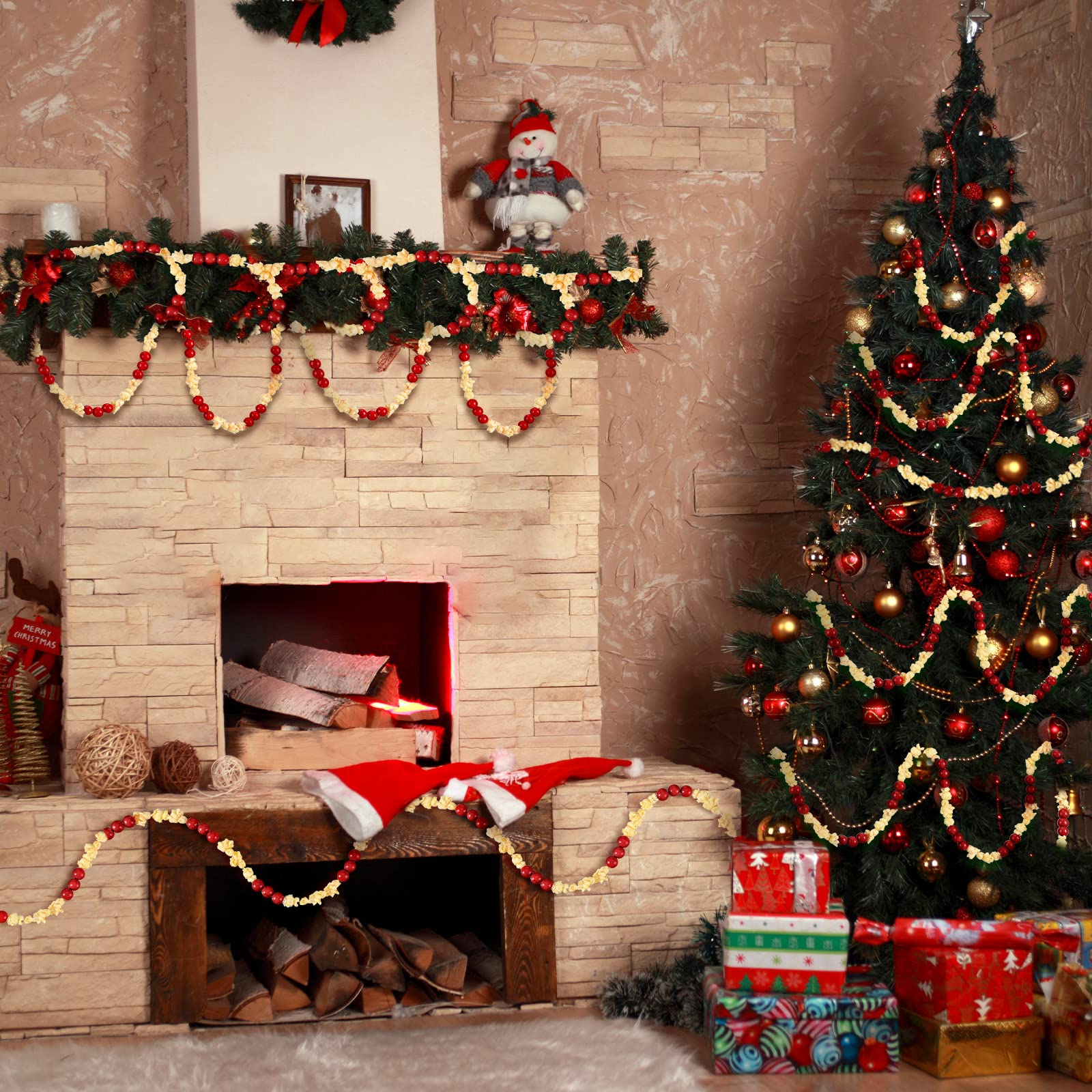 Giegxin Guirnalda artificial de palomitas de maíz y arándanos, guirnalda rústica para árbol de Navidad, guirnalda de palomitas de maíz de madera con cuentas rojas, guirnalda de palomitas de maíz y