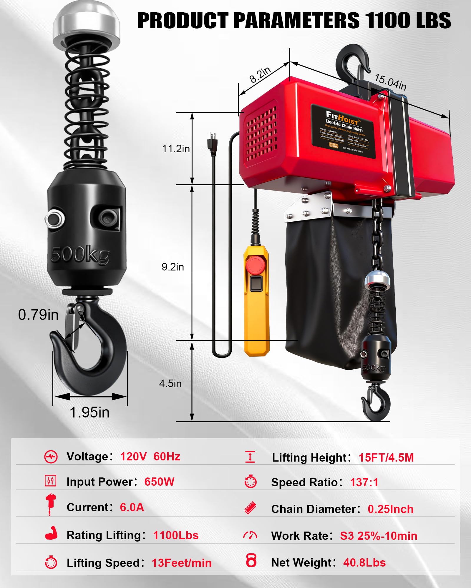 Paranco elettrico a catena da 499 kg, paranco elettrico da 120 V con telecomando cablato da 3,5 m, altezza di sollevamento di 4,5 m, gru a ponte monofase con catena G100 per garage, magazzini