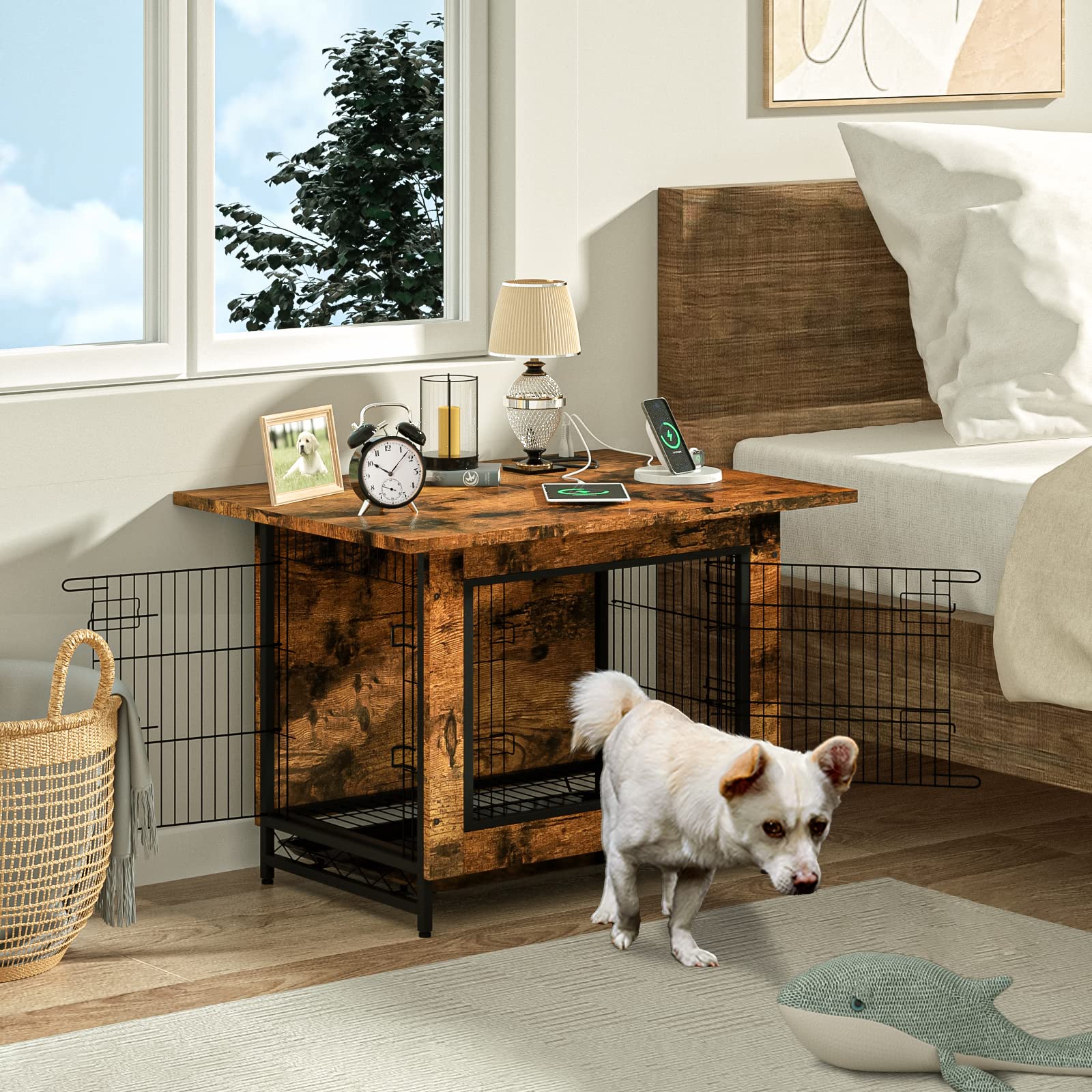 WASAGUN Dog Kennel Furniture for Small Dogs, Wood Dog Crate end Table