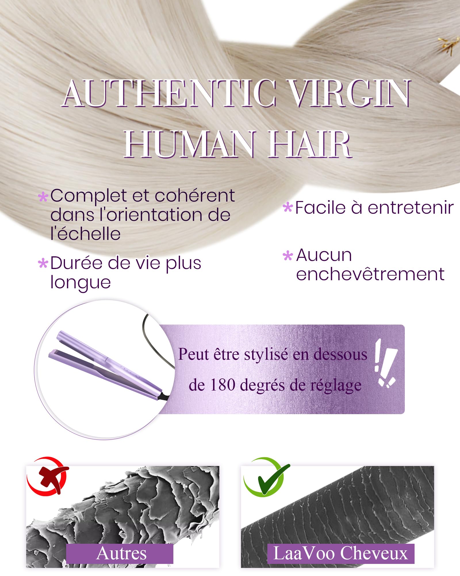 LaaVoo Extension Cheveux Naturel Keratine Blanc 50g 50 Mèche 40cm Extension Cheveux Humain Keratine Platine Lisse #60