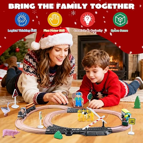 Miniatura 8 de Juego de tren de madera para niños pequeños de 3, 4, 5, 6, juego de ferrocarril de animales de granja para niños de 3 a 5 años con tren eléctrico a
