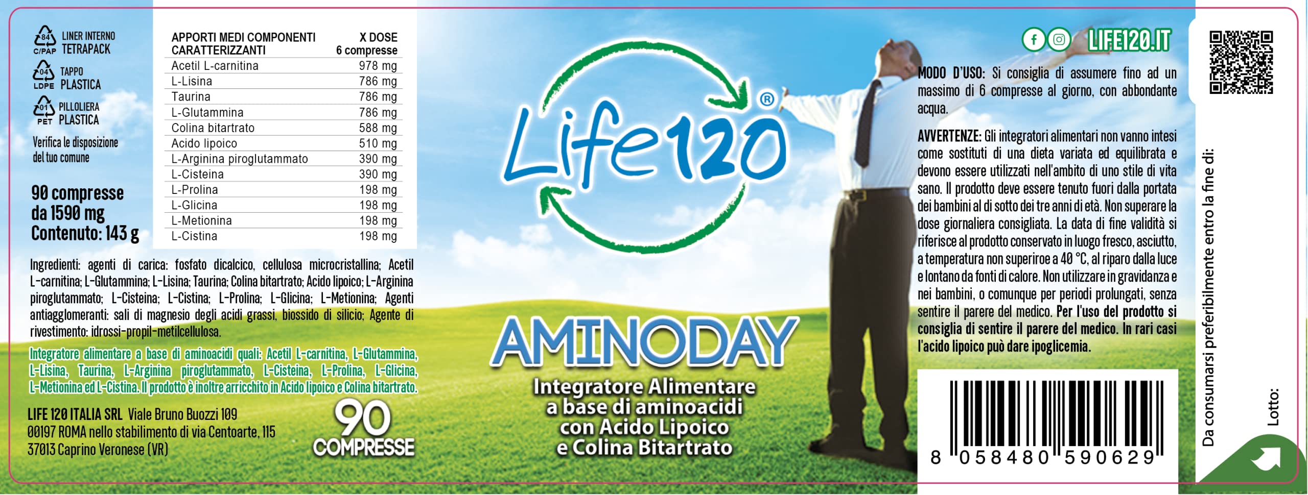 Life120 - Aminoday - 90 compresse - Integratore alimentare a base di aminoacidi e Acido Alfa Lipoico
