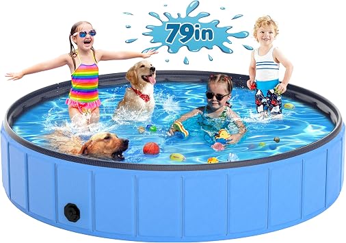 Instraella 79"x16" Dog Pool for Large Dogs, Heavy Duty Hard-Side Foldable Pet Pool, Non-Slip Collapsible Dog Bathing Tub with Drain, Portable Kiddie & Dog Swimming Pool for Outdoor & Indoor Use