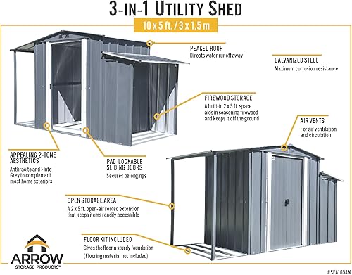 Miniatura 10 de Arrow Shed s - Cobertizo de almacenamiento 3 en 1 de acero galvanizado con cerradura para exteriores, color antracita