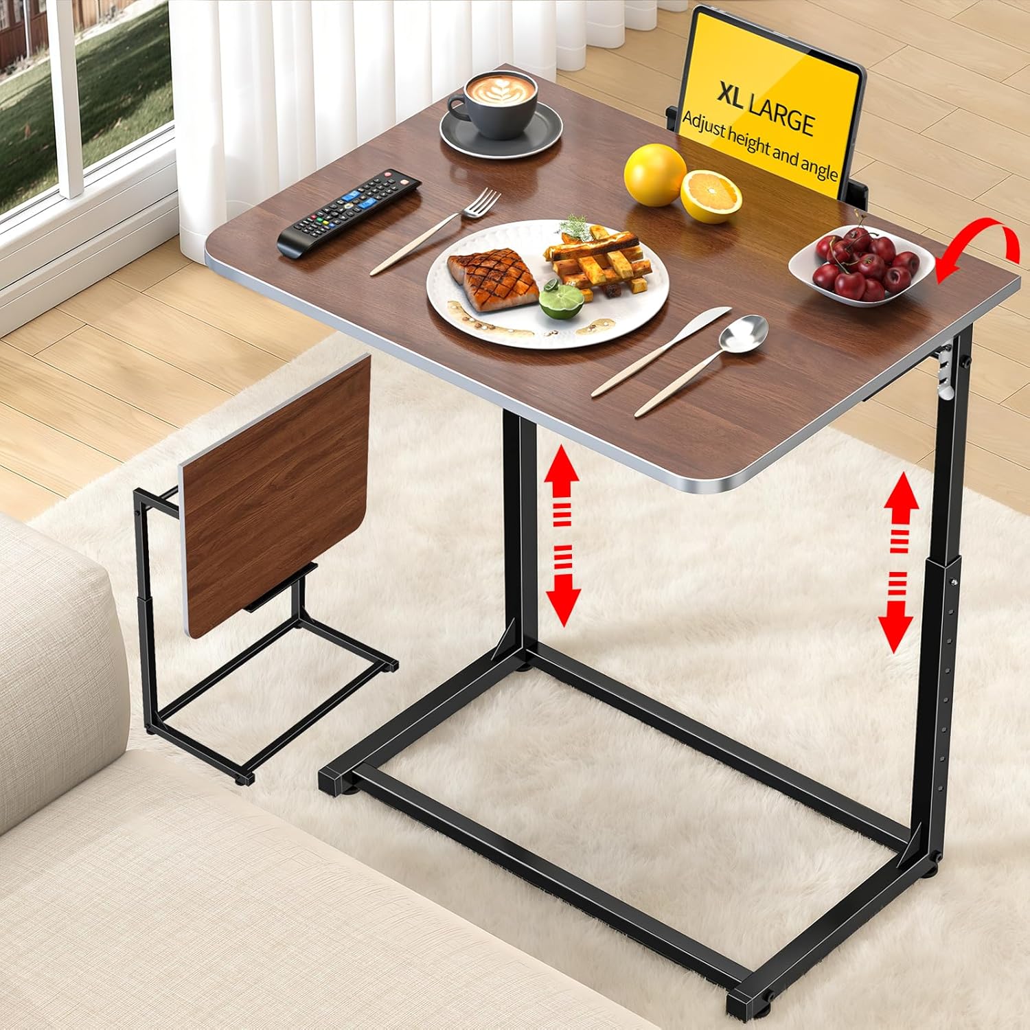 Extra Large Heavy Duty TV Tray Table, 23.6" Folding C-Shaped Laptop Desk for Couch & Bed, Height & Tilt Adjustable Overbed End Table with Phone/Tablet Slot, Easy Clean Walnut Finish for Small Spaces