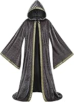 Vista 8 de GRAJTCIN Bata de mago unisex de terciopelo, capa de mago, disfraz renacentista para cosplay y Halloween Negro