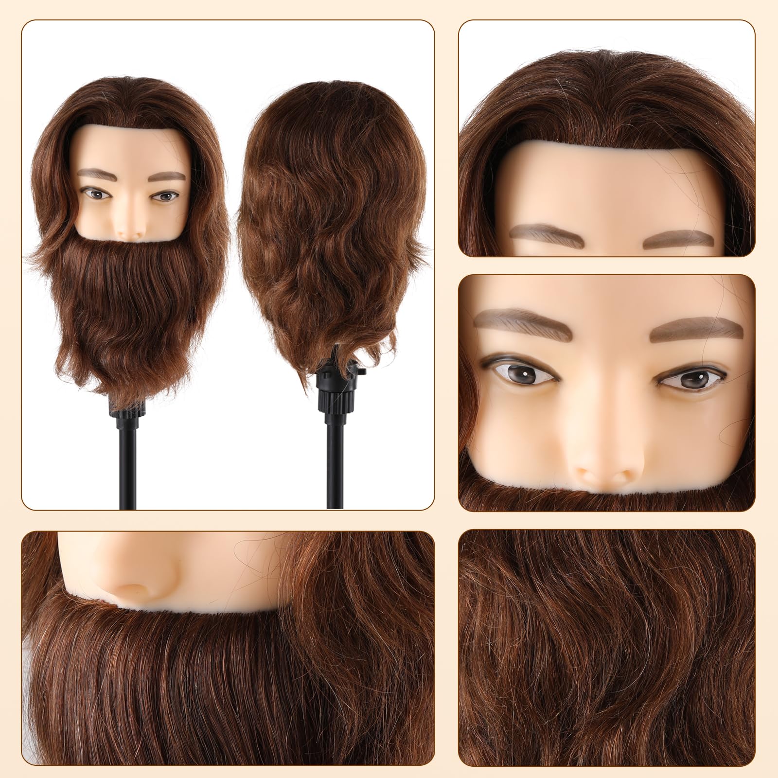Mann Frisierkopf 100% Echthaar mit Bart Männlich Übungskopf Echthaar Friseur Kopf Puppenkopf Mannequin Kopf Mit Tischklemme + Kammsatz(19 Zoll)