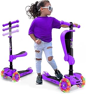 Hurtle 3-Wheel Tri Scooter for Kids ages 4-7, Scooter with Seat, Foldable, Flashing Lights, Adjustable Height