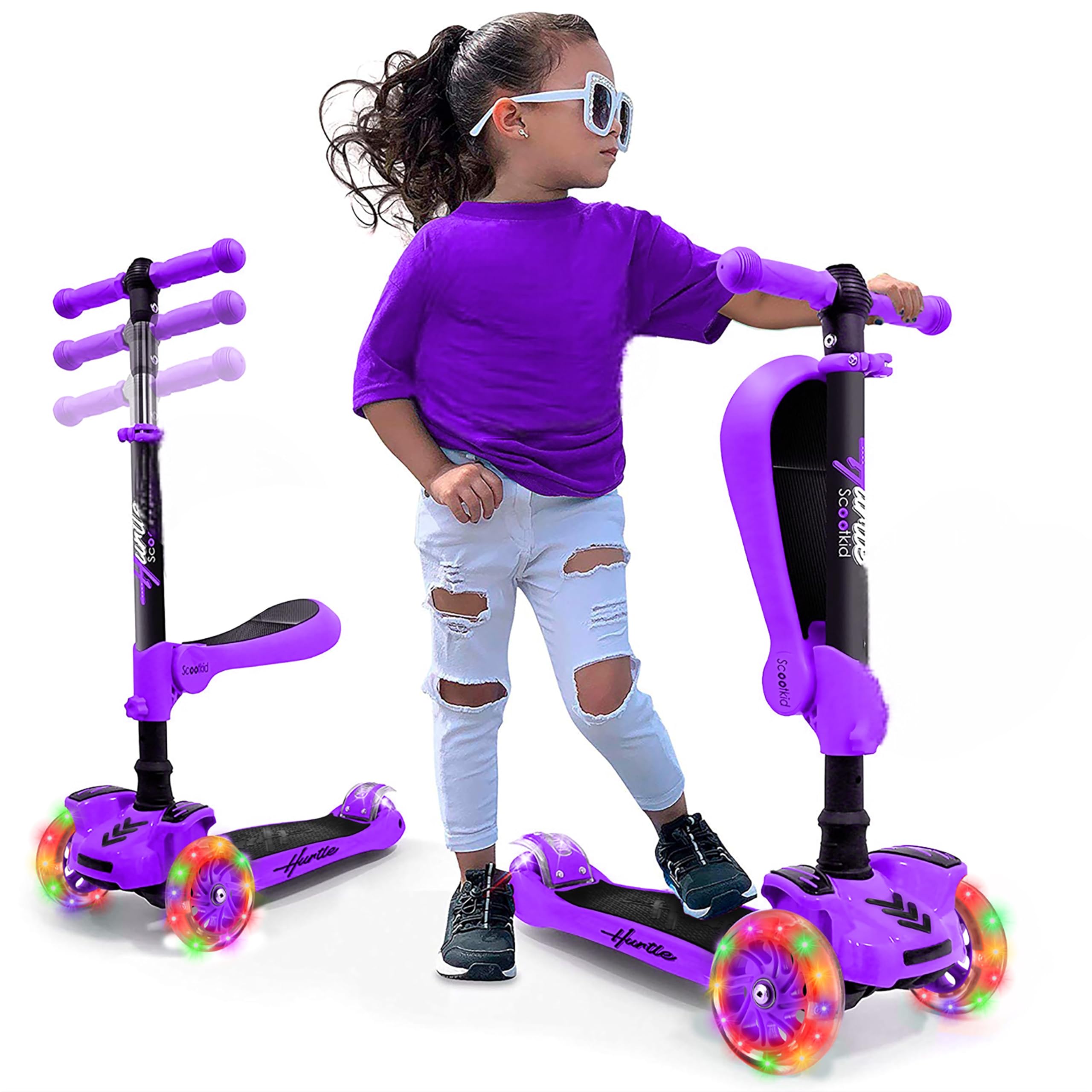 Hurtle 3-Wheel Tri Scooter for Kids ages 4-7, Scooter with Seat, Foldable, Flashing Lights, Adjustable Height