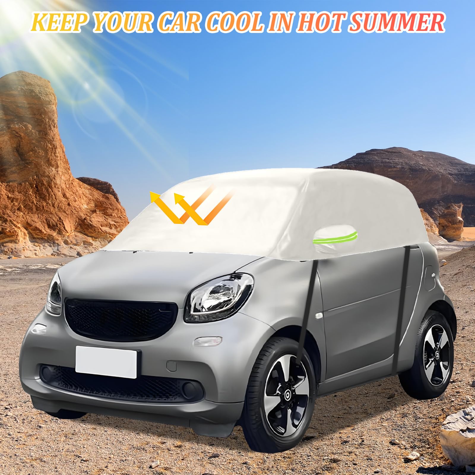 Halbgarage Autoabdeckung Wasserdicht Passend für Smart Fortwo 2006-2025, Halbgarage Verdickter Allwetter, Atmungsaktiv Halbabdeckung Autoplane, Autogarage Halbabdeckung vor Schnee und Sonne (Weiß)