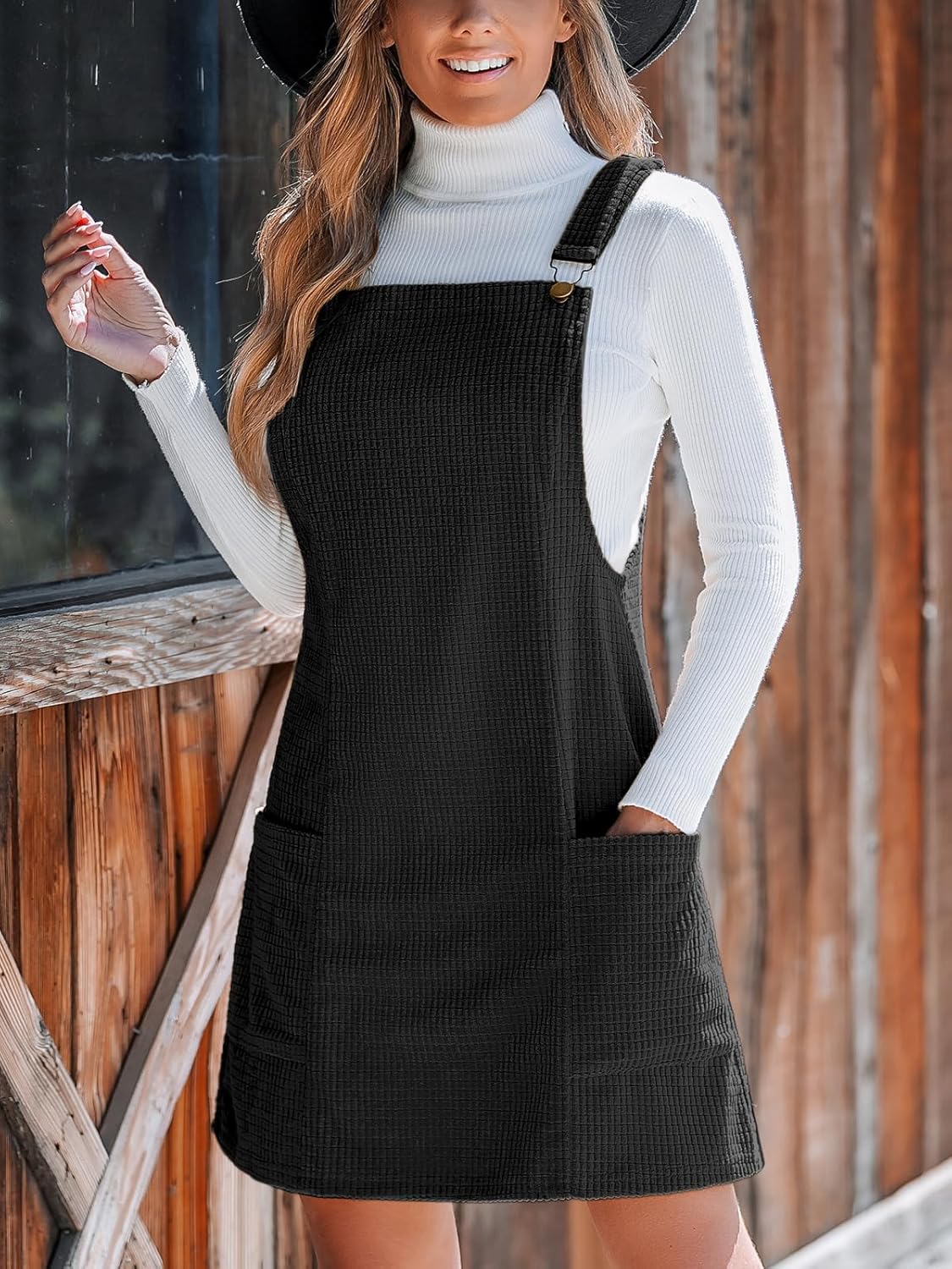 CUPSHE Women's Corduroy Overall Dress Square Neck A Line Fall Pinafore Mini Dress with Pockets - Image 5