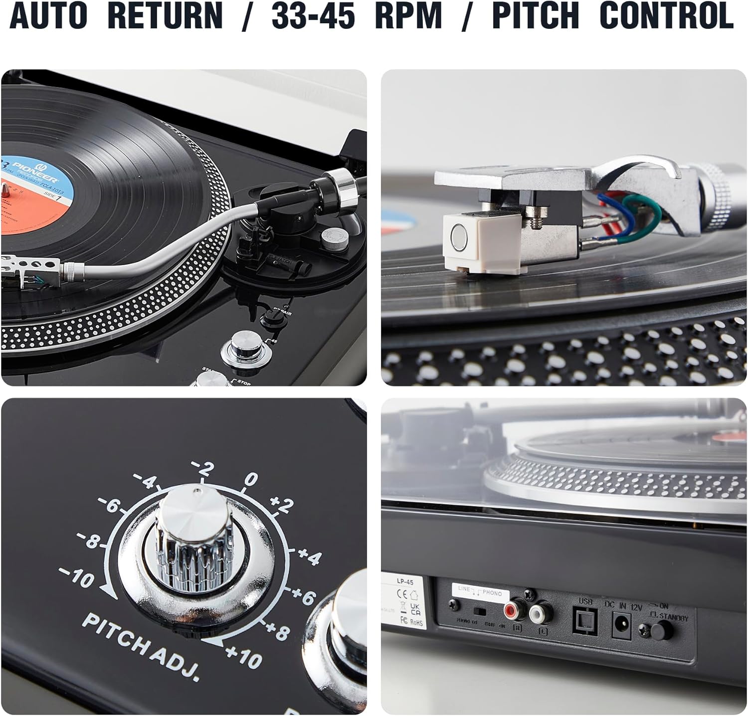Hi-Fi Belt-Drive Turntable with Premium Cartridge, Pitch Control ±10%, Auto-Return Tonearm, 2-Speed 33/45 RPM Vinyl Player, Glossy Black Finish