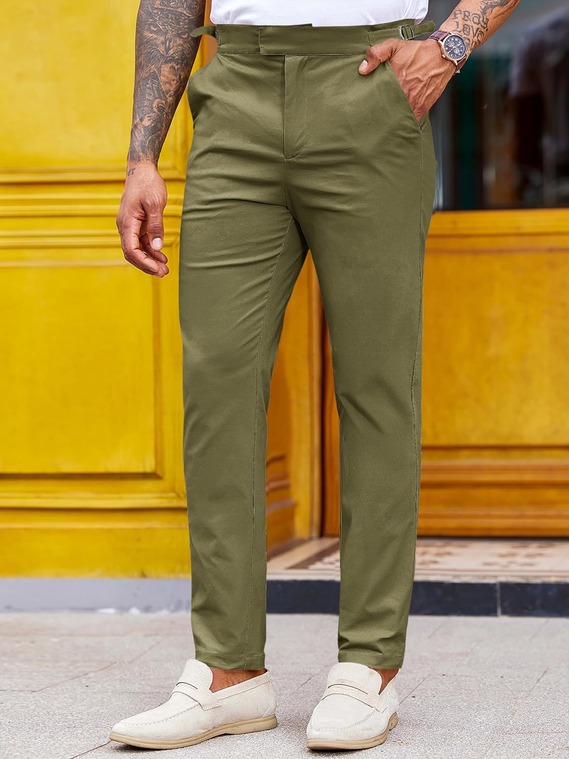 PASLTER Mens Chinos Pants Slim Fit Stretch Flat-Front Skinny Dress Suit Pants Cotton Slacks - Image 2