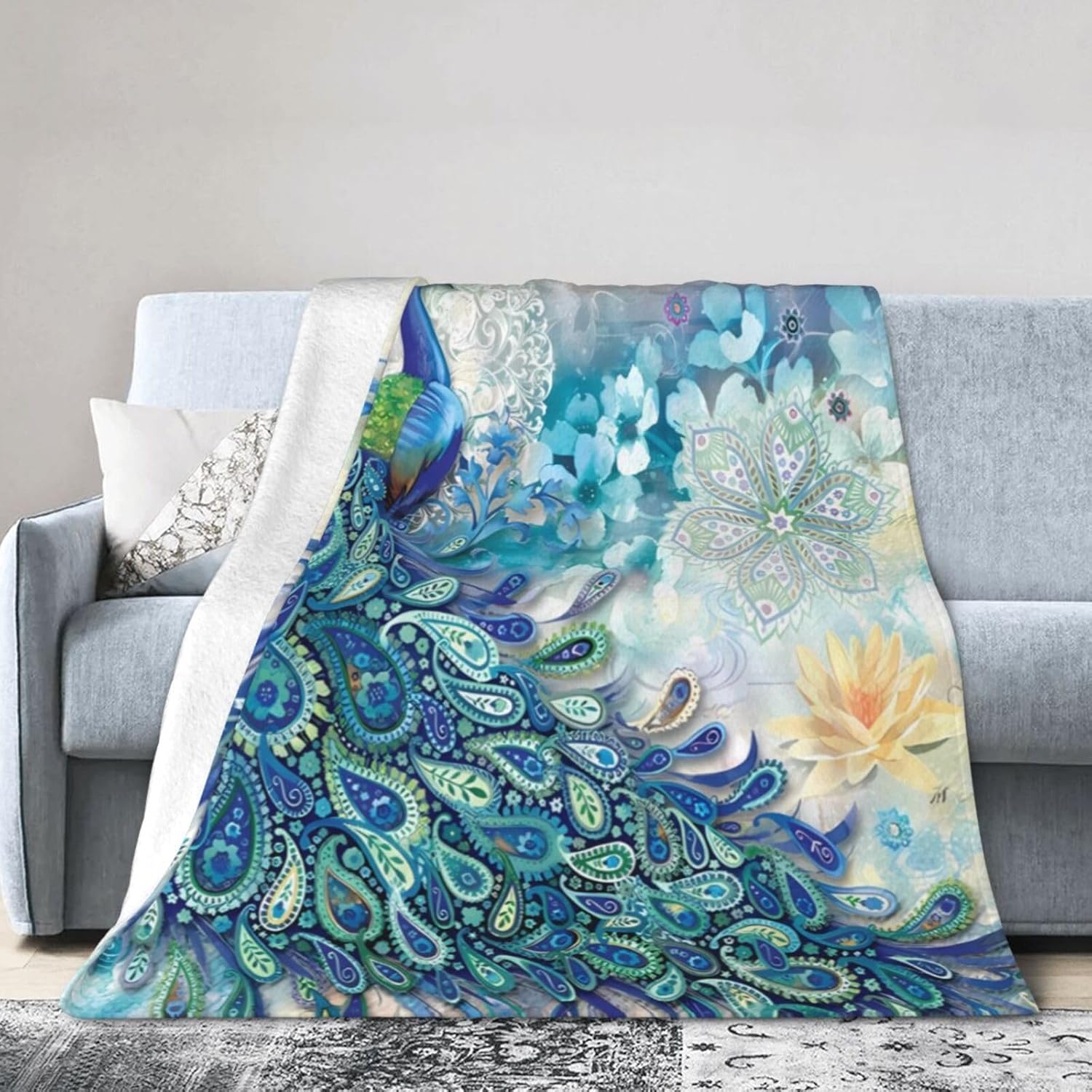 Peacock and Vintage Botanical Blanket Soft Lightweight Comfortable Premium Flannel Bed Warmer Air Conditioner Blanket for Bedroom Living Room Sofa All Seasons 50"X40" - Image 2